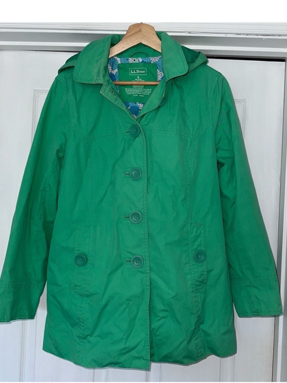 L.L. Bean Spring Hooded Button Jacket Green S Cotton Lined